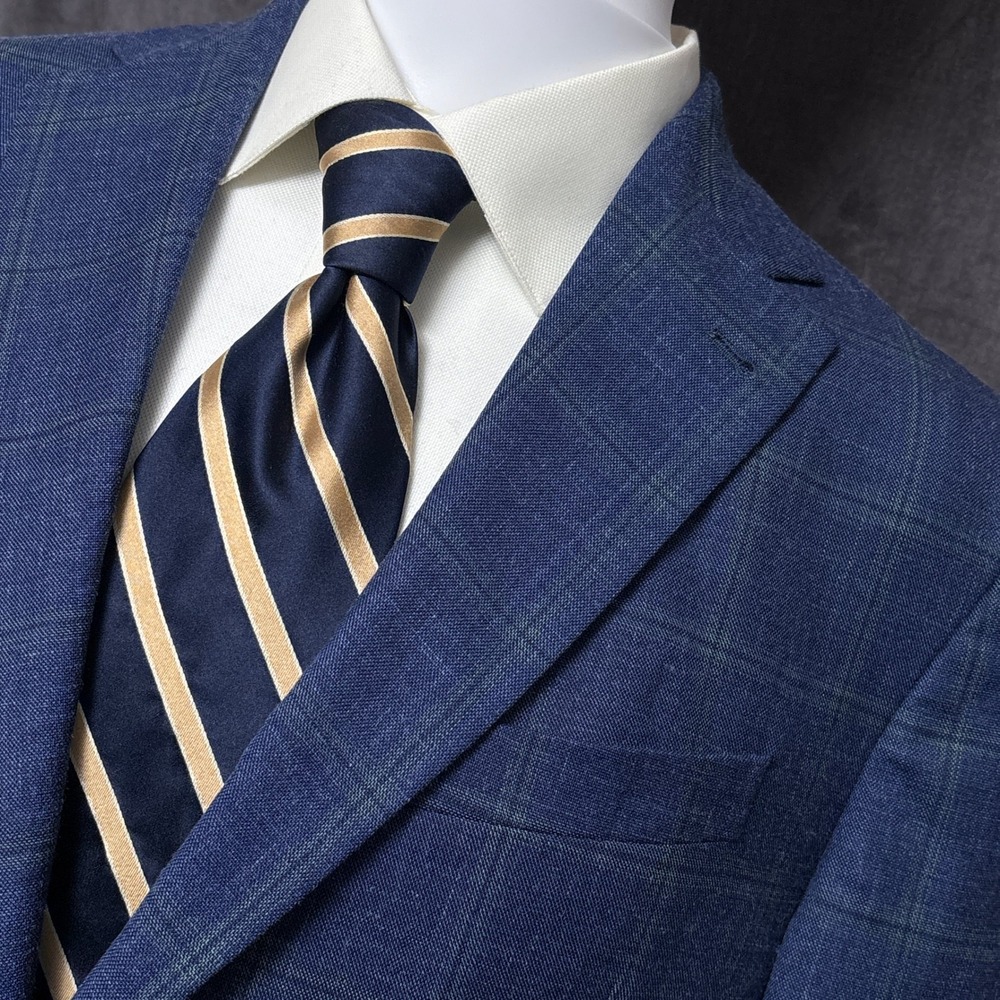 Jack Victor Sport Coat 42R Blue Windowpance Plaid Italian Wool Silk Linen Canada